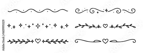 Hand Drawn Decorative Divider Lines with Hearts, Leaves, Swirls and Sparkles