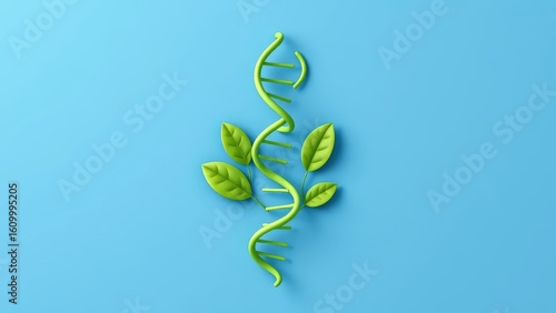 3d art illustration of a green DNA helix intertwined with two leaves