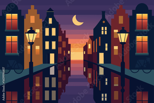 Amsterdam canal at dusk with crescent moon and streetlights