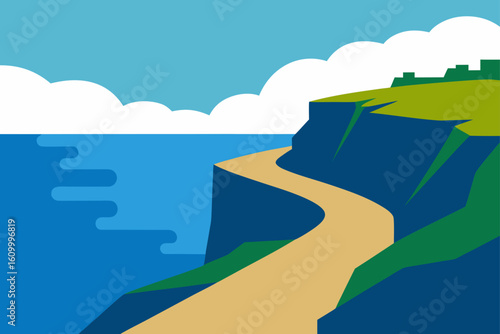 Coastal cliff path with ocean and clouds