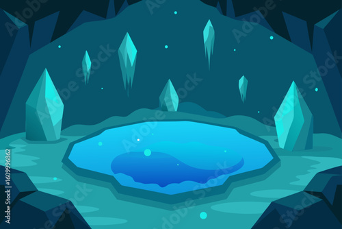 Enchanting crystal cave with a luminous blue pool
