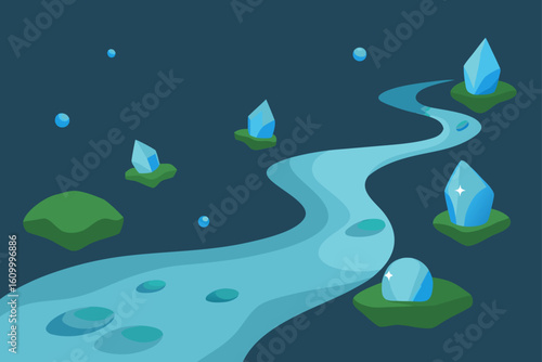 Magical river flowing through floating islands with crystals
