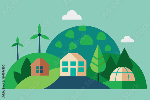 Sustainable eco village with wind turbines and green energy homes