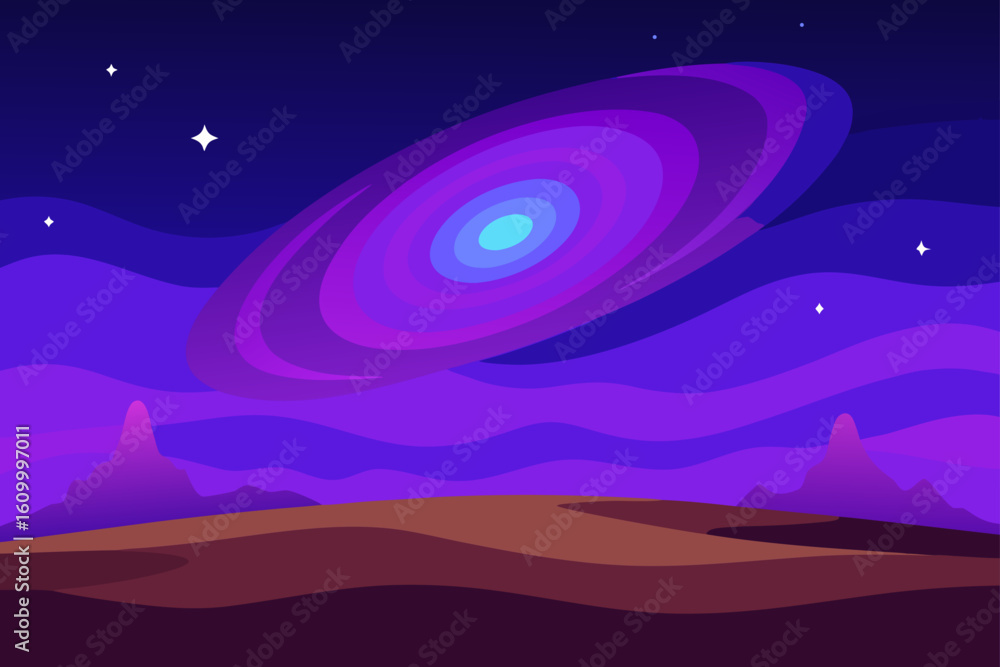 Fototapeta premium Alien planet landscape with swirling nebula and distant mountains