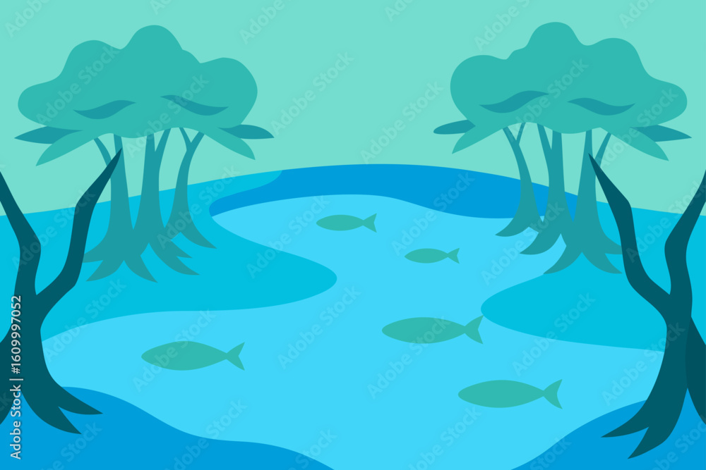 Fototapeta premium Stylized river scene with fish and trees