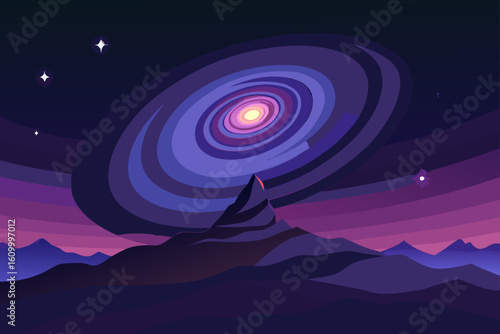 Surreal alien landscape under a swirling cosmic phenomenon