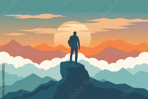 Hiker silhouetted on mountain peak at sunset
