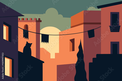 Silhouette of a cat on a rooftop in a stylized european town