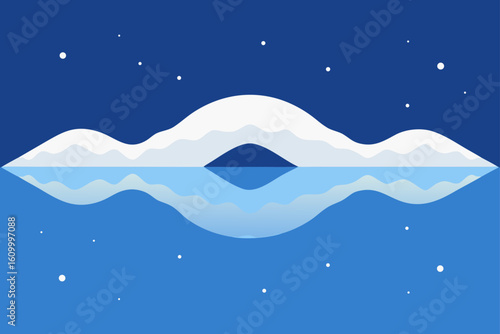 Stylized arctic landscape with snowy mountains and reflecting water