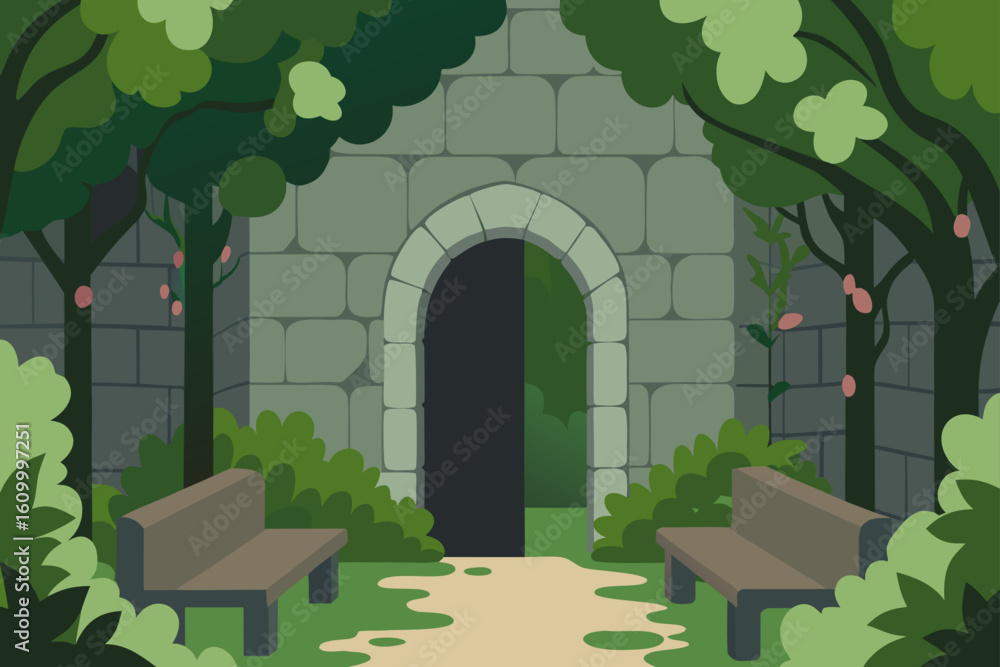 Fototapeta premium Enchanted garden entrance with stone archway and benches