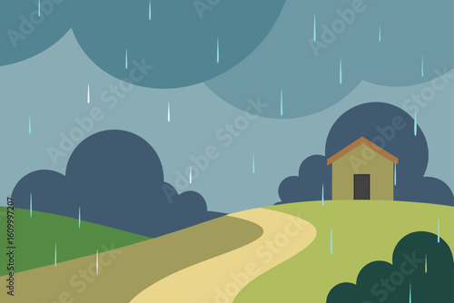 A lone house stands on a hill during a heavy rainstorm
