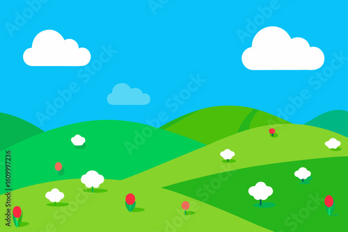 Vibrant green rolling hills under a bright blue sky with clouds