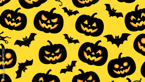 A bold and spooky Halloween-themed pattern featuring an array of carved jack-o'-lanterns with menacing, glowing eyes and jagged smiles. Halloween, Halloween Costumes, Halloween Background