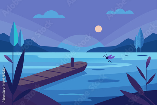 Tranquil twilight lake scene with dragonfly and dock
