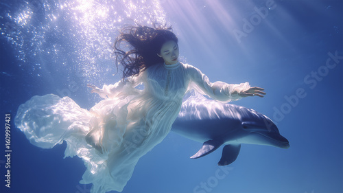 Wallpaper Mural 女性が幻想的な海中でイルカと寄り添う姿 Torontodigital.ca