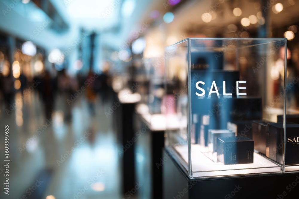 Fototapeta premium Modern pop-up sale booth setup with SALE text in a mall.
