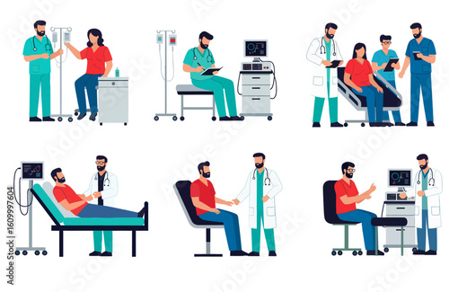 Various Medical Interactions in a Modern Clinic. Illustration of Comprehensive Healthcare. illustrated medical scenes depicting consultations, diagnoses, and clinical treatments in a modern, professio