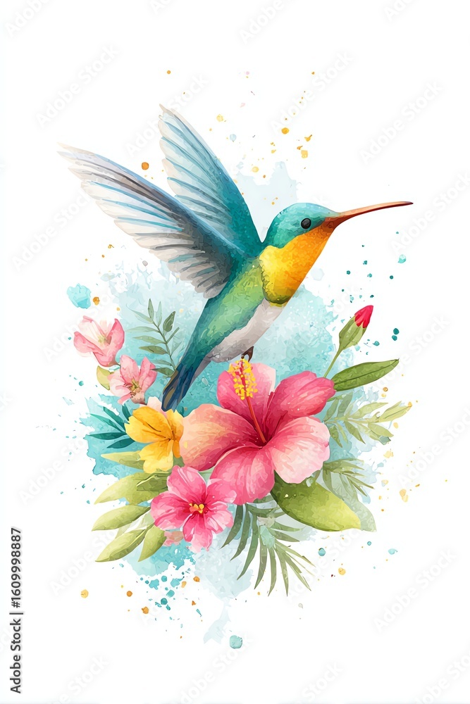 Obraz premium watercolor hummingbird flying through vibrant jungle flowers with splashes of pink, teal, and green