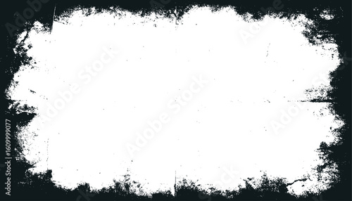 Distressed white crumpled paper framed with black grunge. Suitable for backgrounds, overlays, textures, design elements, and artistic projects.
