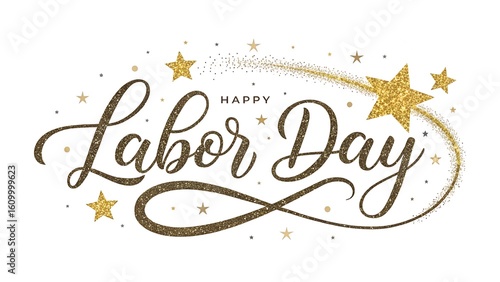 Happy labor day text with golden glitter and stars