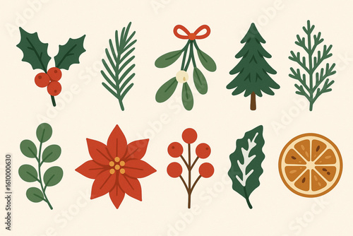 Set of Botanical Christmas Icons in Flat Vector Style