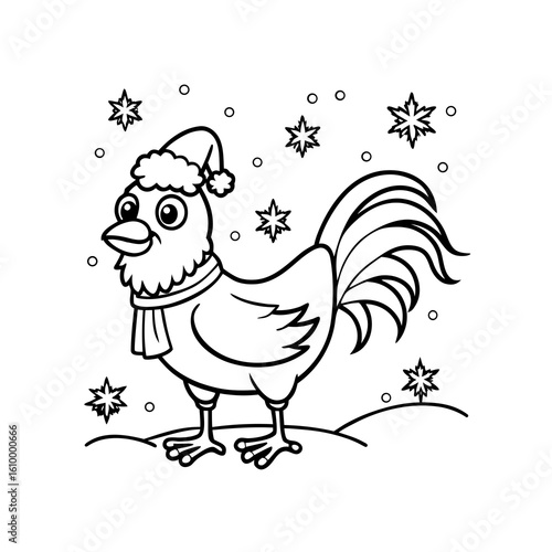 A cute cartoon rooster wearing a Santa hat and scarf stands in a snowy landscape with falling snowflakes.