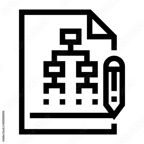 Icono de esquema. Hoja de documento con diagrama y lápiz. Organización, planificación y diseño. Ilustración vectorial