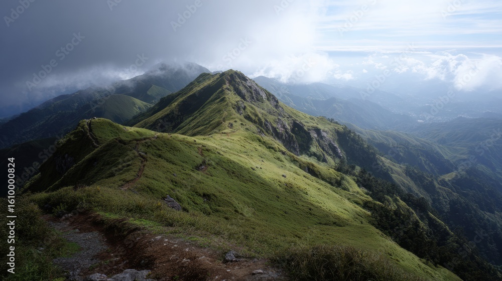 Fototapeta premium Breathtaking View of Lush Green Mountains Under a Cloudy Sky During the Late Afternoon