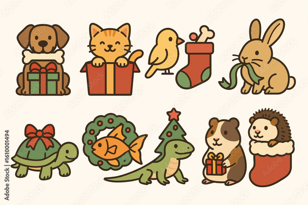 Obraz premium Set of Christmas Pet Gift Icons in Flat Vector Style