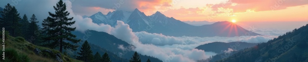 Obraz premium Ancient pine, mist-shrouded peaks, dramatic sky, serene, outdoor, forest