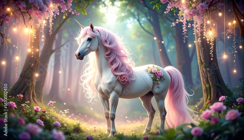 Magical unicorn in a blossoming fairy forest (1)