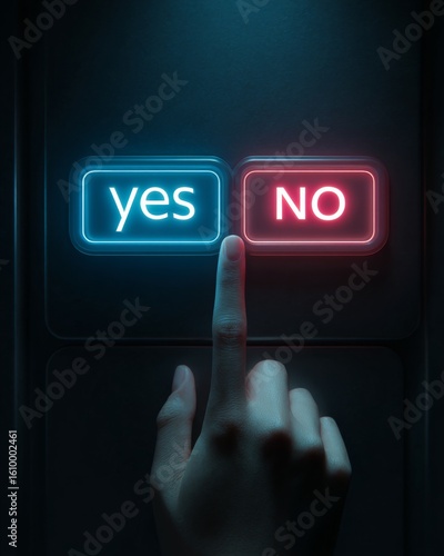 Hand hovering over glowing yes and no buttons representing a decision point.