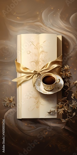 A beautiful open book, coffee cup and leaves, inviting you to relax and enjoy a moment of peace and contemplation. The gold ribbon adds an extra touch of elegance and sophistication
