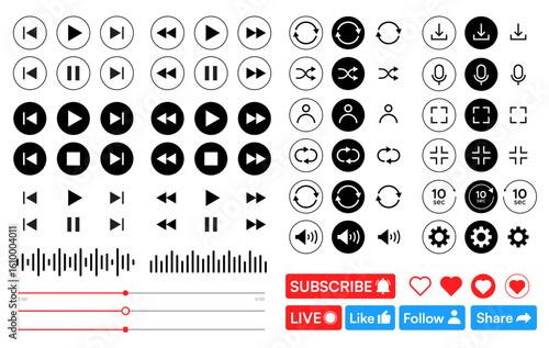 set of Black and white media control icons vector with transparent PNG background, multimedia interface buttons including play pause rewind skip forward settings volume sliders shuffle loop	
