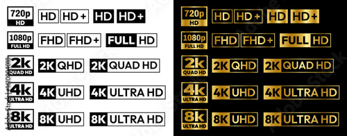 Ultra Hd icon collection. 720p, 1080p, 2K, 4K and 8K symbol of High Definition monitor display resolution standard. Label for device screen. Vector illustration