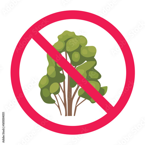 No trees allowed sign, forbidden tree vector icon for environmental rules and restriction symbol