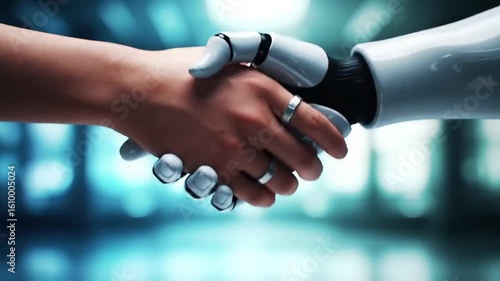 Human and robot handshake symbolizes future collaboration and innovation in technology