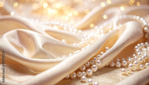 Cream Silk Fabric with Pearl Ornament and Golden Bokeh Lights