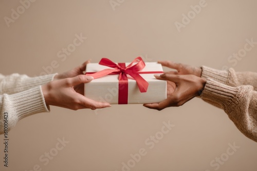 Gifting moment concept with hands passing ribbon-wrapped item, bright neutral backdrop 