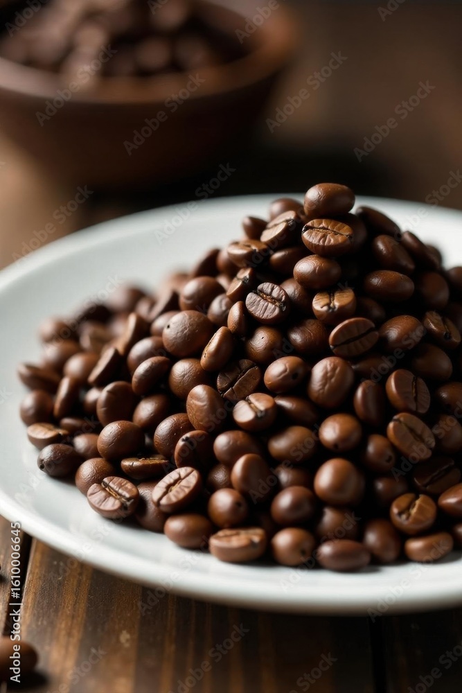 Fototapeta premium Dark brown coffee beans piled high on white plate, high angle, dark