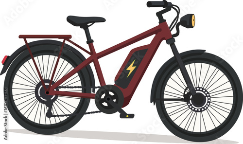 Flat Vector Illustration of a Modern Electric Bicycle Side View – Red E-Bike with Battery, Fenders, and Accessories