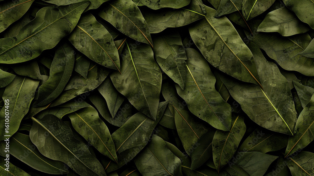 Fototapeta premium Lush green leaves create beautiful pattern of overlapping foliage, showcasing rich texture and vibrant color. This natural arrangement evokes sense of tranquility and connection to nature