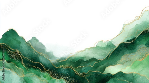Watercolor landscape featuring emerald green rolling hills outlined with gold on a white background