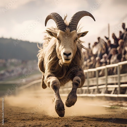 A mountain goat sprinting on the track, capturing the raw energy and competitive spirit of the race. Its horns curve majestically, and the dust rises with its every leap, offering a visual spectacle