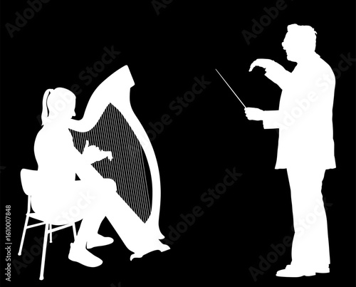 Woman playing harp in front of music conductor teacher vector silhouette isolated. Girl play string instrument concert event. Lady art performer. Musician with lira on stage opera classic concert.