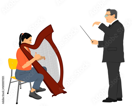 Woman playing harp in front of music conductor teacher vector illustration isolated. Girl play string instrument concert event. Lady art performer. Musician with lira on stage opera classic concert.