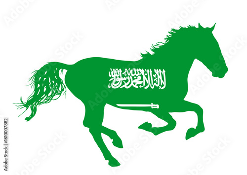 Saudi Arabia flag over elegant racing horse in gallop vector silhouette illustration isolated. Country in Asia emblem banner. Equestrian riding horse national animal symbol. Arabic culture shape.