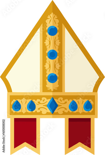 Flat Vector Bishop Mitre with Blue Gems and Gold Embroidery – Religious Clergy Hat Illustration