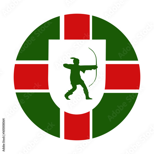Circle badge Nottinghamshire flag button vector illustration isolated. County in England. United Kingdom. Emblem banner Nottinghamshire flag roundel sticker. Medieval archer in hunt silhouette shape.