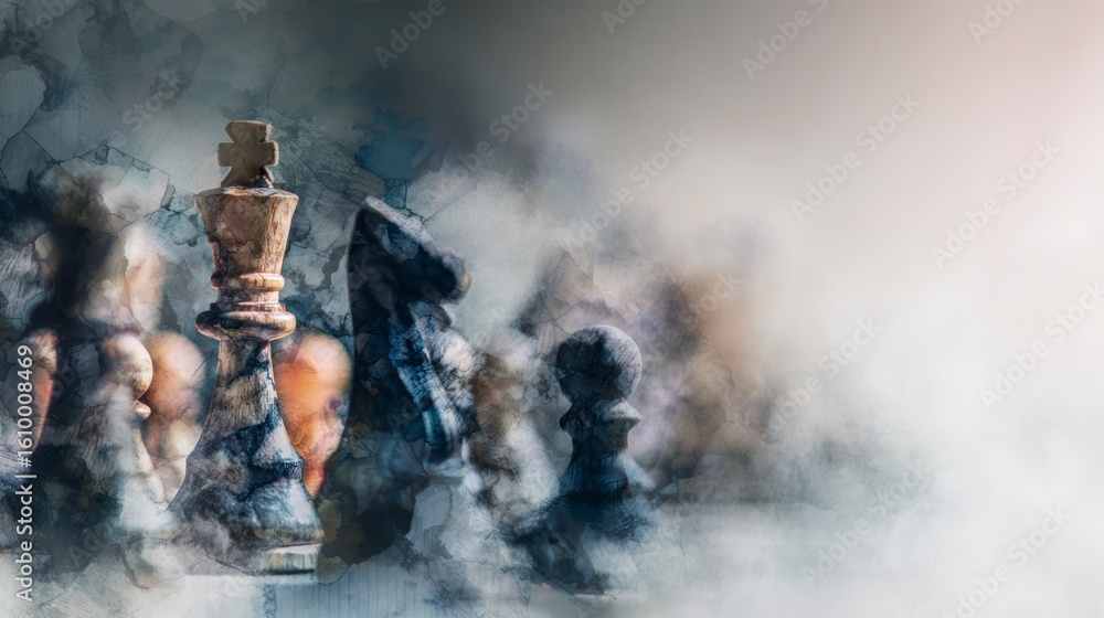 Obraz premium Chess pieces amidst abstract smoky fog, creating a dramatic and ethereal atmosphere